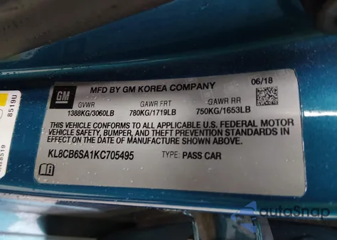 2019 Chevrolet Spark Ls Cvt z USA, uszkodzony, nr VIN KL8CB6SA1KC705495